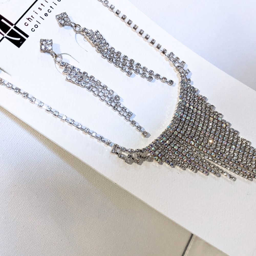 Wedding bridal crystal fringe necklace earrings